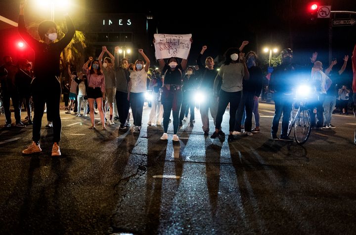 Demonstrators block traffic during a protest Wednesday in Los Angeles over the death of George Floyd in Minneapolis.