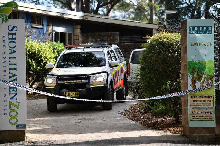 An ambulance is seen leaving the Shoalhaven Zoo, where a worker was wounded in a lion attack, in Nowra, Australia, May, 29, 2020. 