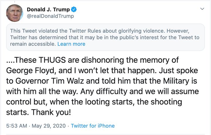 Twitter has placed a warning on one of the president's tweets, accusing him of breaking the platform's rules about "glorifying violence". 