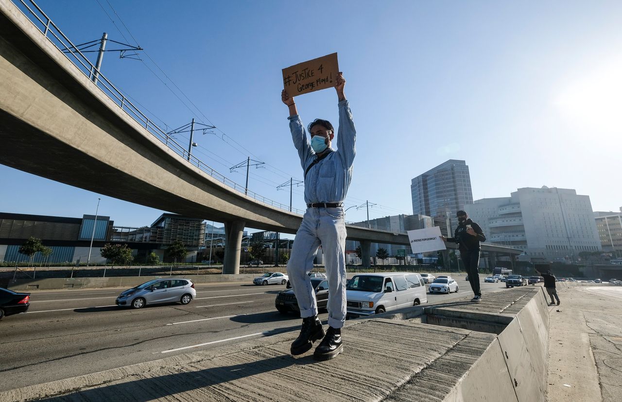 Demonstrators shut down the Hollywood Freeway in Los Angeles on Wednesday, May 27.