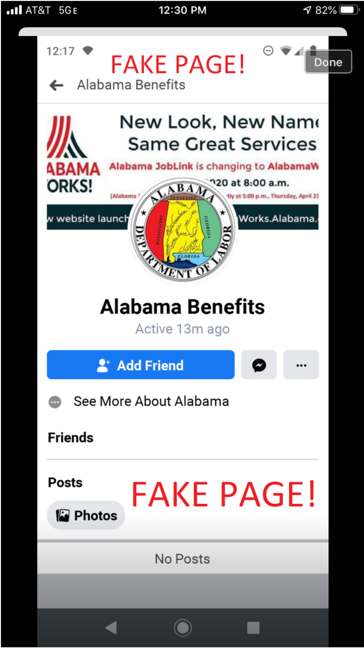 This scam social media page purported to originate with the Alabama Department of Labor.