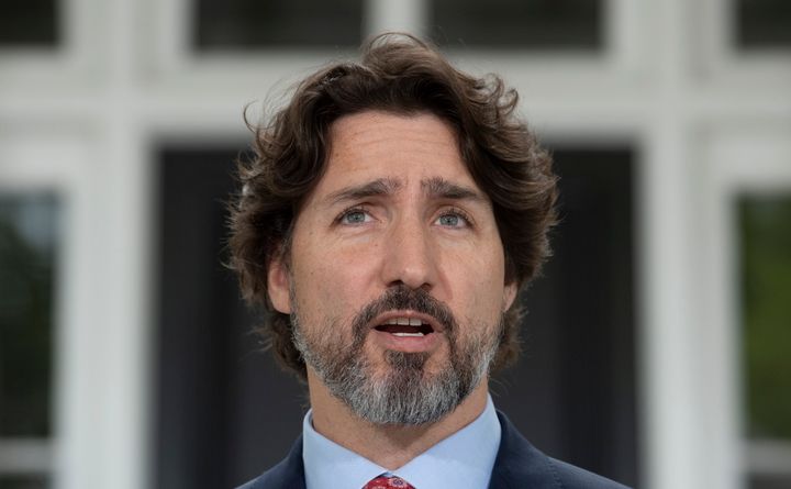 Prime Minister Justin Trudeau speaks during a news conference outside Rideau Cottage in Ottawa on May 29, 2020.