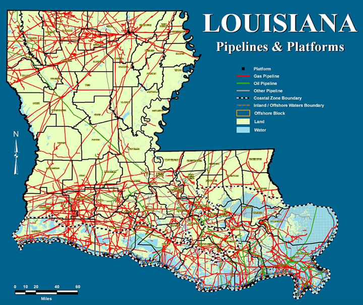 Louisiana's 125,000-mile network of pipelines, seen here in an exhibit from a lawsuit challenging the 2018 statute.