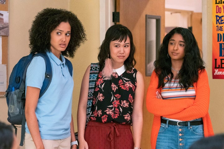 This handout photo provided by Netflix shows Lee Rodriguez as Fabiola Torres, from left, Ramona Young as Eleanor Wong and Maitreyi Ramakrishnan as Devi Vishwakumar in a scene from "Never Have I Ever."