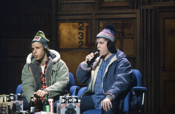 Rick Moranis as Bob McKenzie, left, and Dave Thomas as Doug McKenzie, right, during a Saturday Night Live monologue on January 29, 1983.