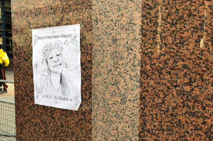 A portrait of Regis Korchinski-Paquet is posted on a wall outside Toronto Police headquarters on May 30, 2020.