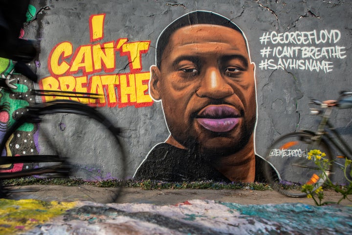 A mural of George Floyd painted by the artist eme_freethinker on a wall at Mauerpark in Berlin, Germany.