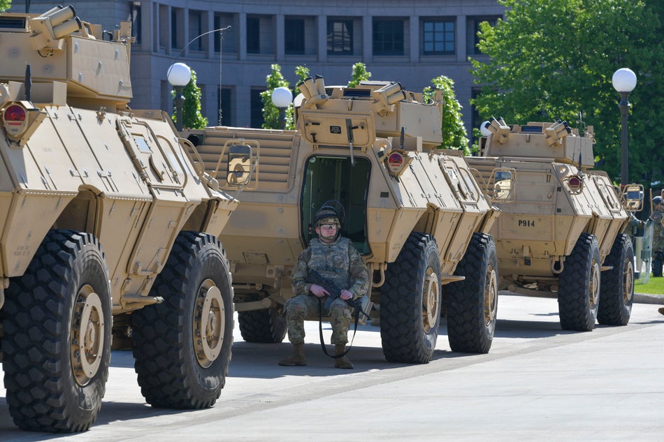 Minnesota national guard stand guard by the State Capitol on May 31, 2020 due to protests and demonstrations after George Floyd's death.
