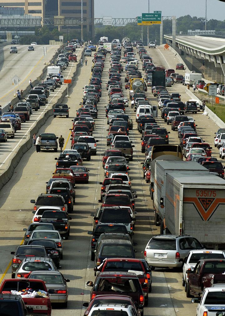 Vehicles jam the northbound lanes of I-45 in Houston as people try to evacuate in advance of Hurricane Rita in 2005.