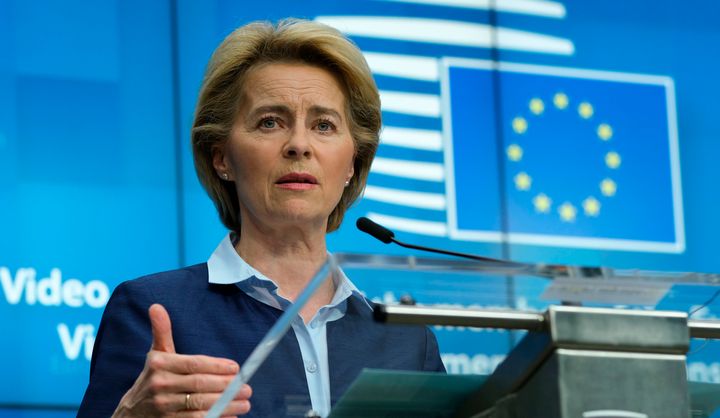 European Commission President Ursula von der Leyen gives a press conference on April 23.