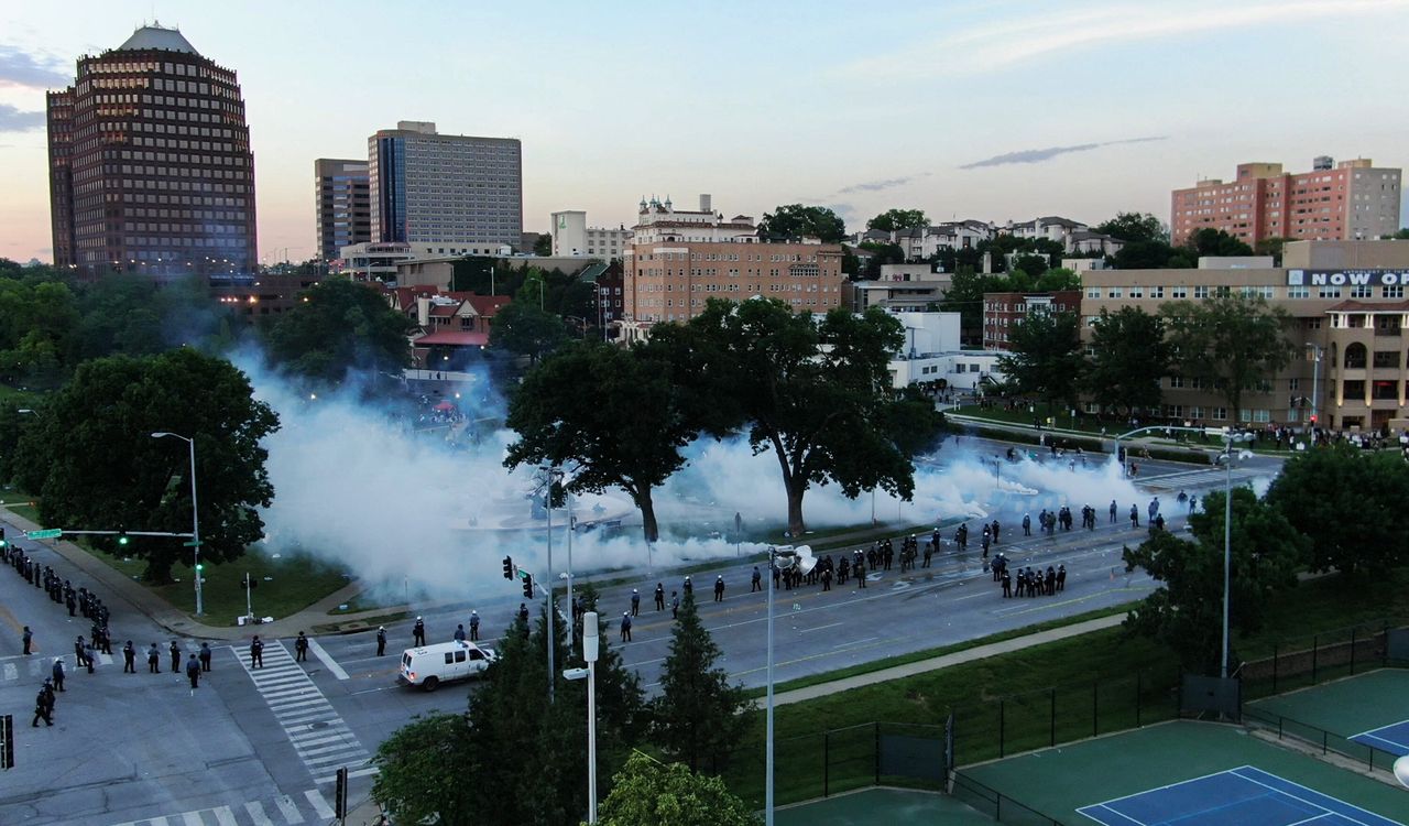 Police deployed tear gas at the Country Club Plaza in Kansas City, Missouri. 
