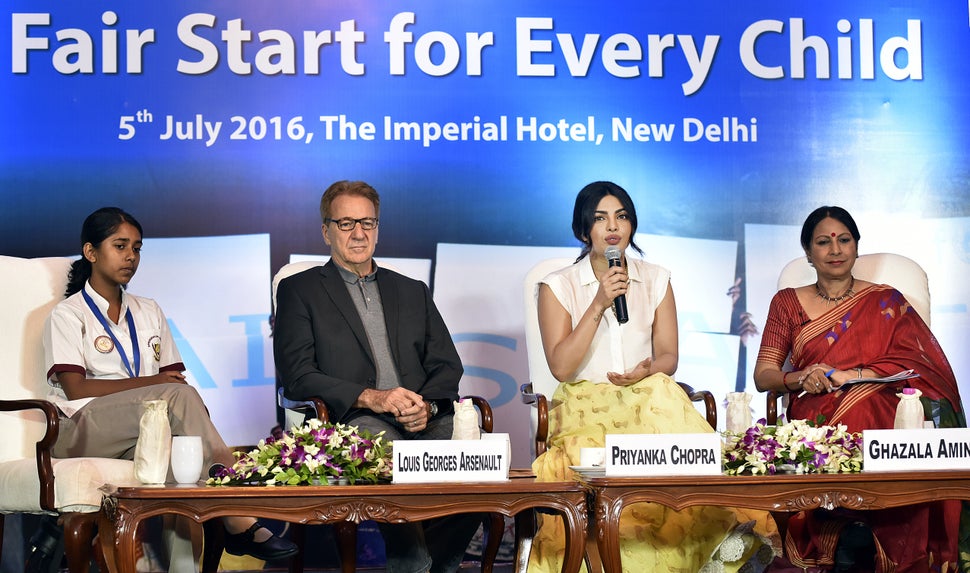 NEW DELHI, INDIA - JULY 5: Bollywood actress and UNICEF National Ambassador Priyanka Chopra along with UNICEF Representative to India Louis-Georges Arsenault and media personality Ghazala Amin during the discourse on #FairStart campaign for every child organized by UNICEF at Imperial Hotel on July 5, 2016 in New Delhi, India. (Photo by Raj K Raj/Hindustan Times via Getty Images)