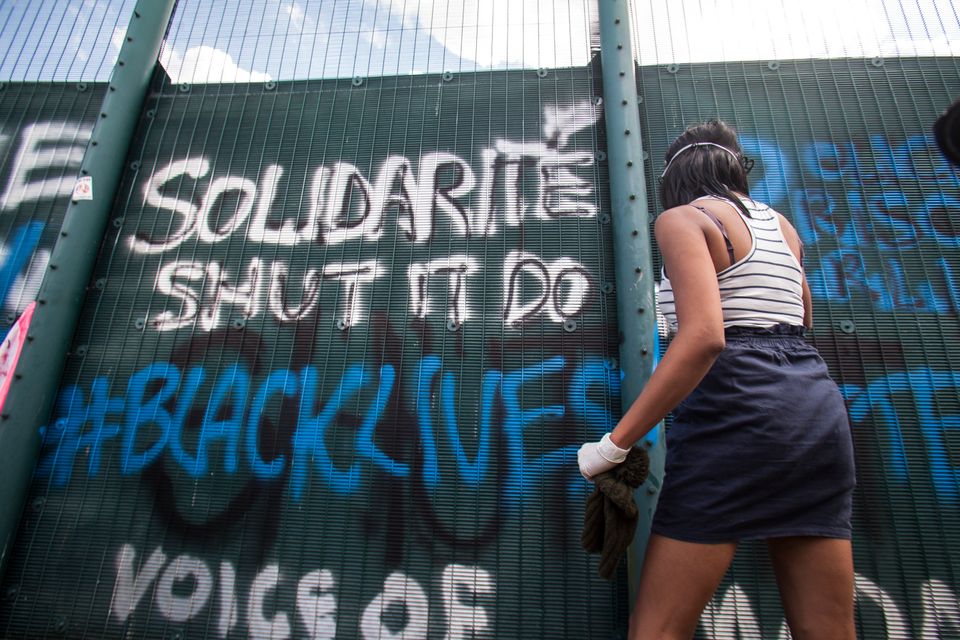 People take part in the demonstration against Yarl's Wood Immigration Removal Centre in Bedford in 2015. 