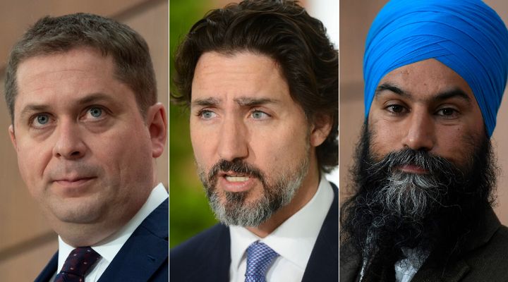 Conservative Leader Andrew Scheer, Prime Minister Justin Trudeau, and NDP Leader Jagmeet Singh are shown in a composite of images from The Canadian Press.