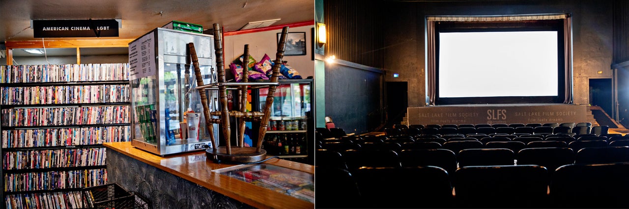 A closed concession stand, left, and an empty screening room at the Tower Theater in Salt Lake City, Utah.