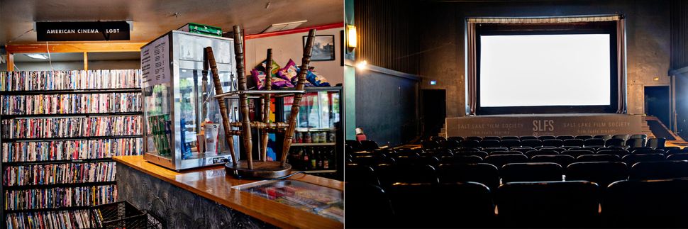 A closed concession stand, left, and an empty screening room at the Tower Theater in Salt Lake City,