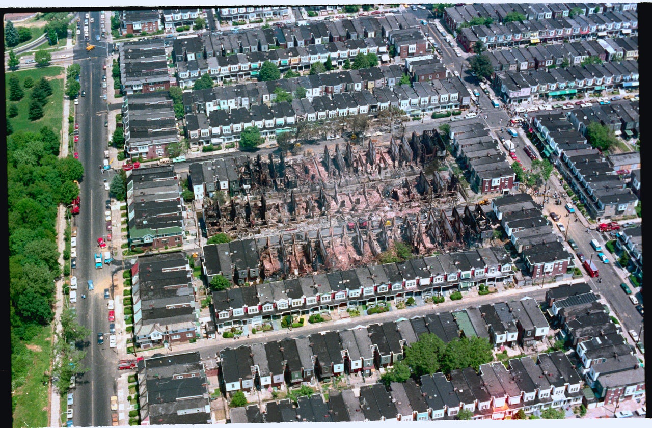 A view of Osage Avenue in Philadelphia, Pennsylvania, following a shootout and bombing between police and the terrorist group MOVE.