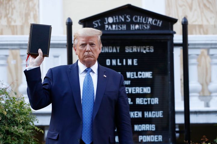 President Donald Trump holds a Bible outside St. John's Church across Lafayette Park from the White House on June 1, 2020.