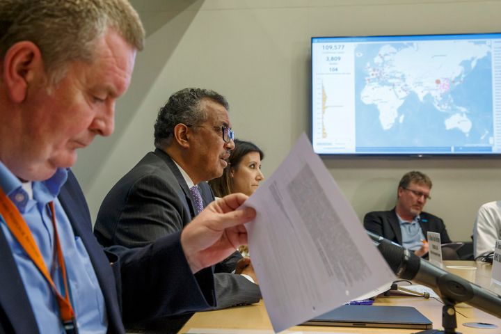 In this Monday, March 9, 2020 file photo, Tedros Adhanom Ghebreyesus, second left, director-general of the World Health Organization speaks during a news conference on updates regarding on the COVID-19 coronavirus at WHO headquarters in Geneva, Switzerland. At left is Michael Ryan, executive director of WHO's Health Emergencies program, and at third left is Maria van Kerkhove, technical lead of WHO's Health Emergencies program. (Salvatore Di Nolfi/Keystone via AP)