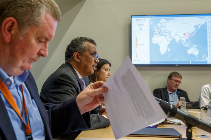 In this Monday, March 9, 2020 file photo, Tedros Adhanom Ghebreyesus, second left, director-general of the World Health Organization speaks during a news conference on updates regarding on the COVID-19 coronavirus at WHO headquarters in Geneva, Switzerland. At left is Michael Ryan, executive director of WHO's Health Emergencies program, and at third left is Maria van Kerkhove, technical lead of WHO's Health Emergencies program. (Salvatore Di Nolfi/Keystone via AP)