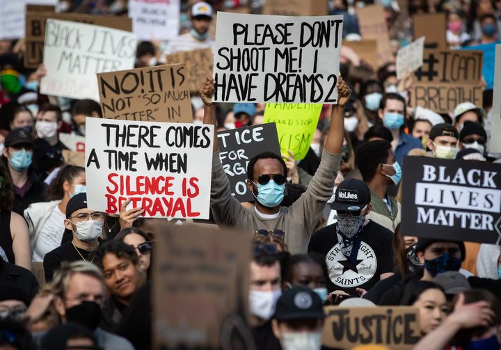 Thousands of people gather for a peaceful demonstration in support of George Floyd and Regis Korchinski-Paquet and protest against racism, injustice and police brutality, in Vancouver on May 31, 2020.