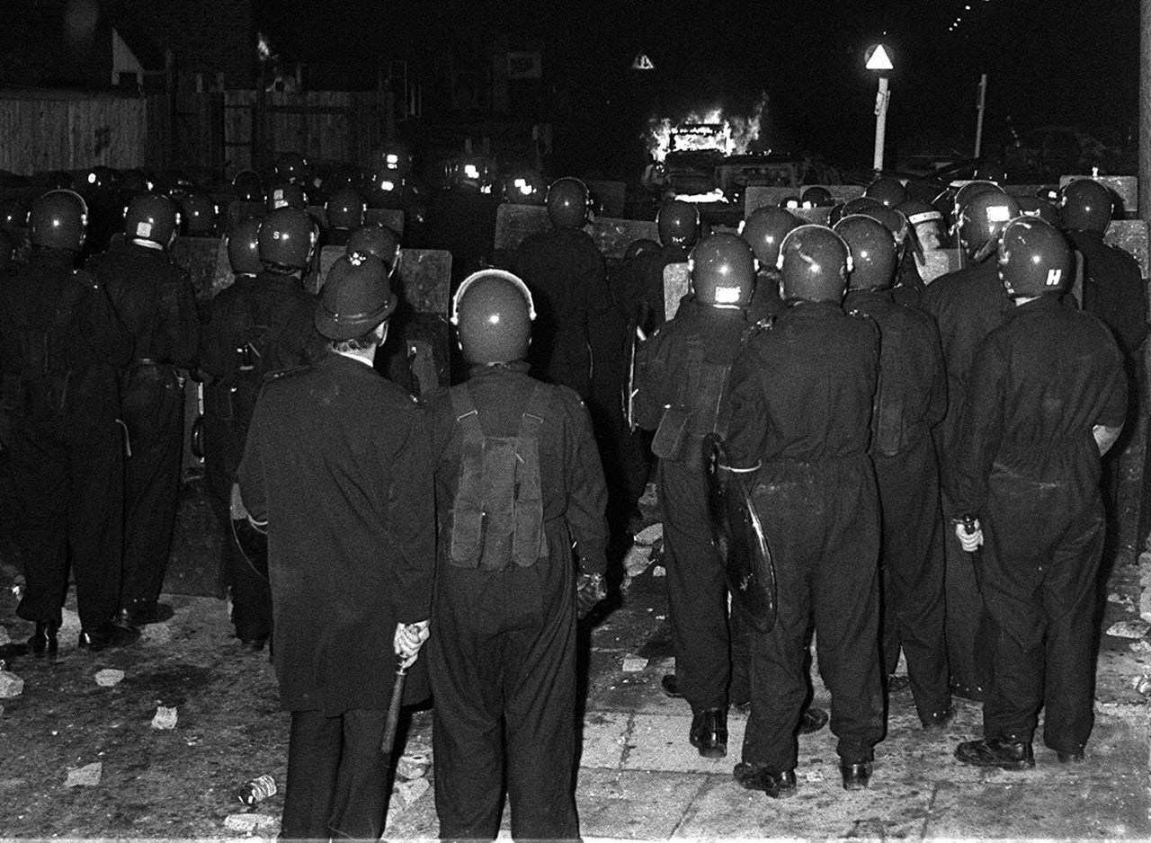 Police in riot gear during the Broadwater Farm riot