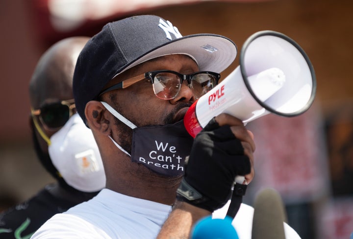 Terrence Floyd speaks to a group gathered on June 1 at the Minneapolis site where his brother George was killed by police one week ago.