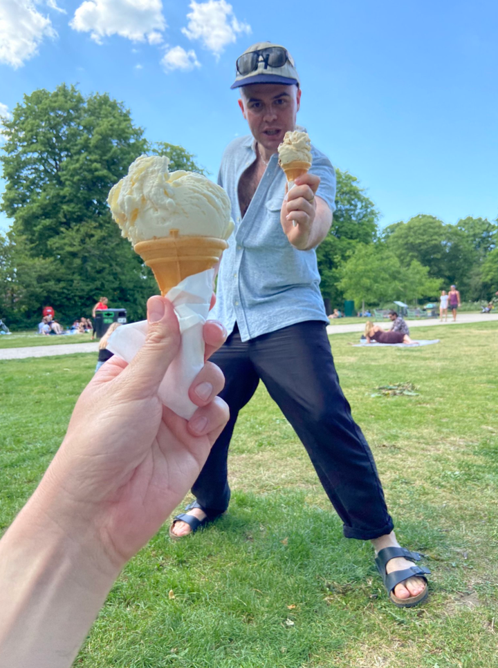 Oliver Stevenson meeting his friend in the park