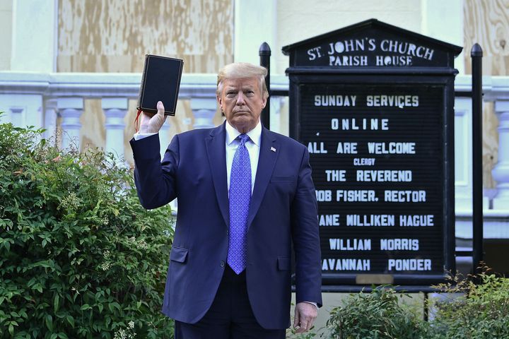 U.S. President Donald Trump holds up a Bible outside of St John's Episcopal church across Lafayette Park in Washington, D.C. on June 1, 2020.