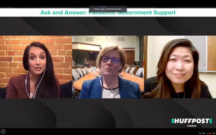 Host Althia Raj, left, asks a question to Employment Minister Carla Qualtrough, centre, and Small Business Minister Mary Ng, right, during a HuffPost Canada live Q&A event.