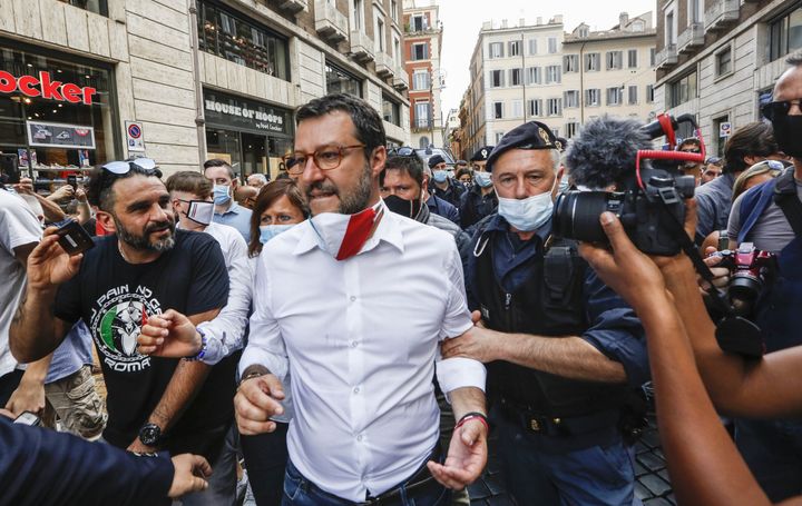 Matteo Salvini, the leader of the right-wing Northern League, attends an anti-government demonstration in Rome, on June 2, 2020.