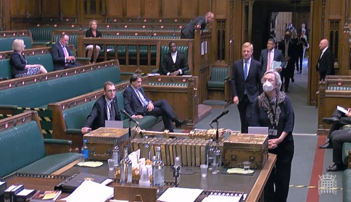 MP's queuing up to vote in the House of Commons in Westminster, London, on the first day that they returned from recess.