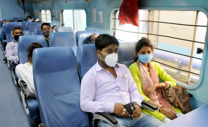 Travellers on board a Patna-Kolkata train at Patna Junction on June 1, 2020. 