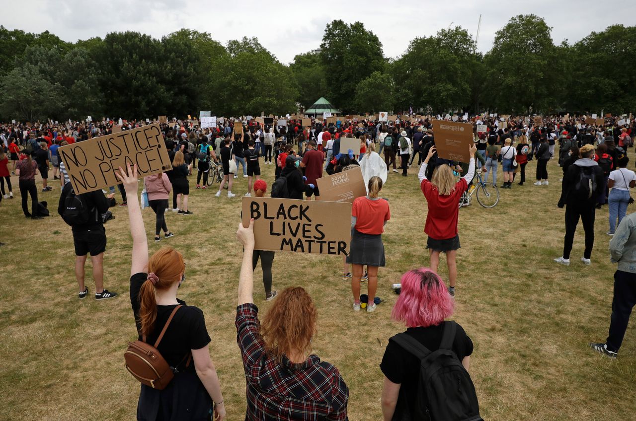 Protesters take part in a demonstration on Wednesday, June 3, 2020, in Hyde Park, London.