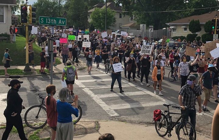 One of the marches last week in Minneapolis protesting the death of George Floyd when one of the city's white police officers knelt on the Black man's neck for several minutes.