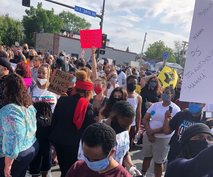 Protesters on the corner of 38th Street and Chicago Avenue in Minneapolis, where Floyd died.