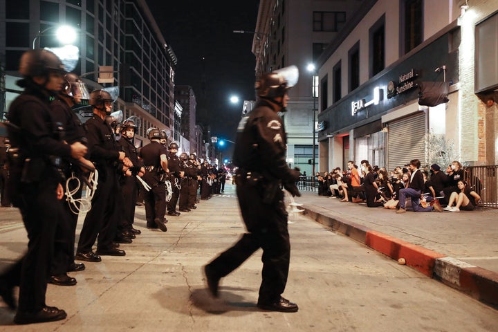 Protestors are arrested after curfew went into effect during mostly peaceful demonstrations over George Floyd’s death downtown on June 2, 2020 in Los Angeles, California. 