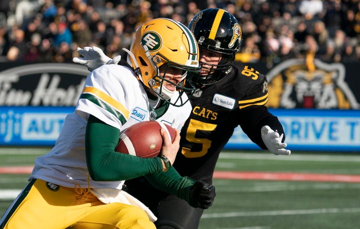 Quarterback Trevor Harris, seen here at a 2019 game with the Hamilton Tiger Cats, is part of the Edmonton-based Canadian Football League (CFL) team that's been long-criticized over its insensitive name.