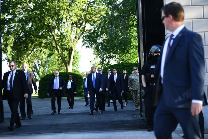 President Donald Trump leaves the White House to walk to St. John's Episcopal Church, across Lafayette Park from the White House, on Monday. 