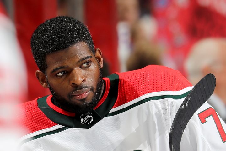 P.K. Subban of the New Jersey Devils looks on during warm ups before the game against the New York Rangers at Prudential Center on Nov. 30, 2019.