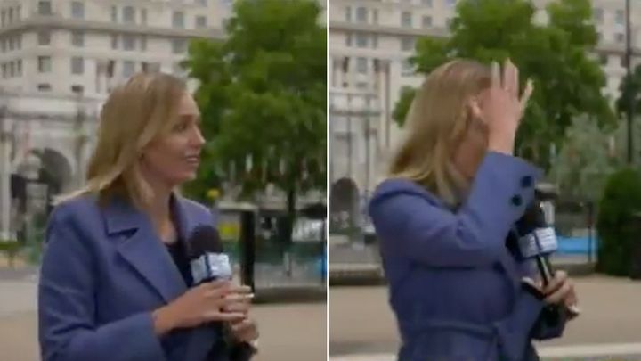 Channel Nine reporter Sophie Walsh was grabbed by a stranger during a live TV cross from London protests.