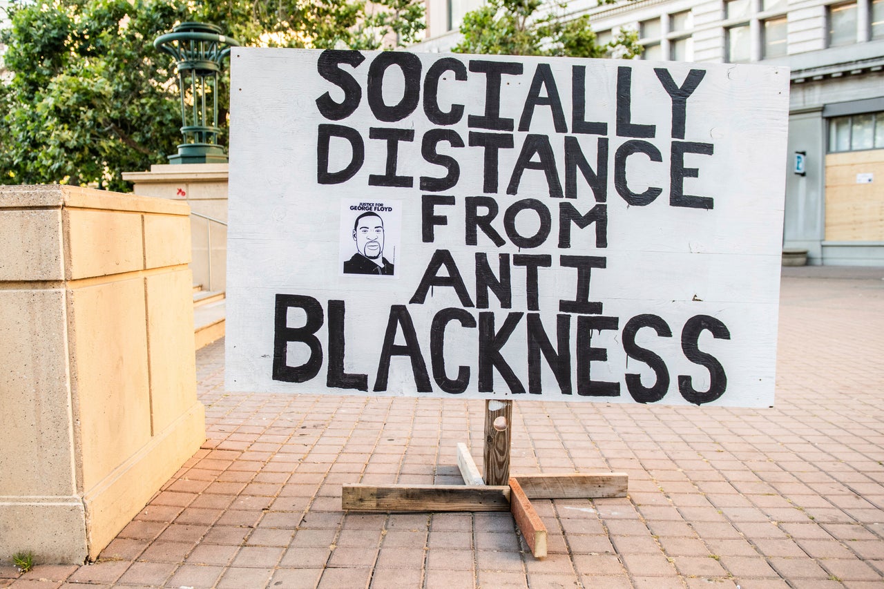 A sign at City Hall in Oakland, California, on June 2, 2020, after the police killing of George Floyd.