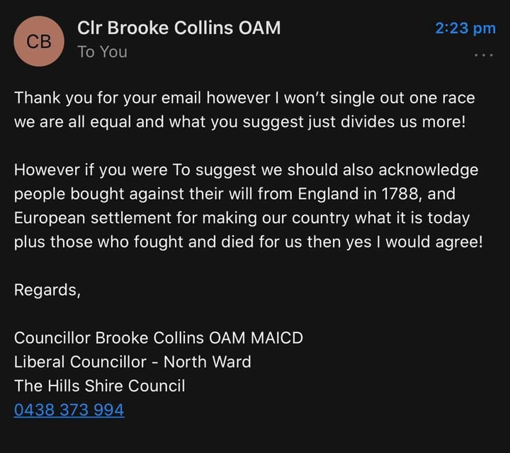 Councillor Collins' reply was shared, with permission, to HuffPost.