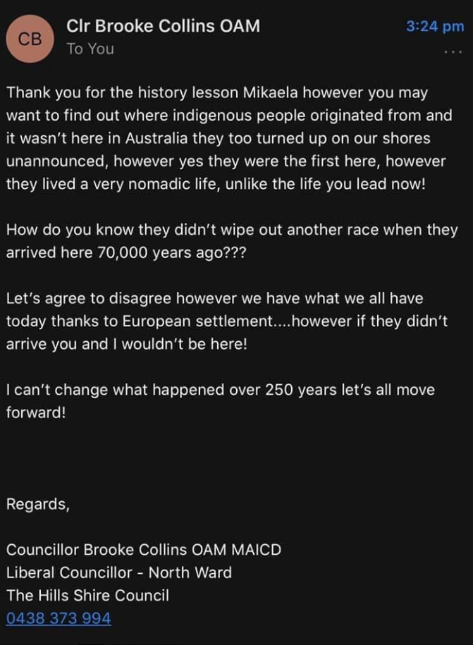 Councillor Collins' reply was shared, with permission, to HuffPost.