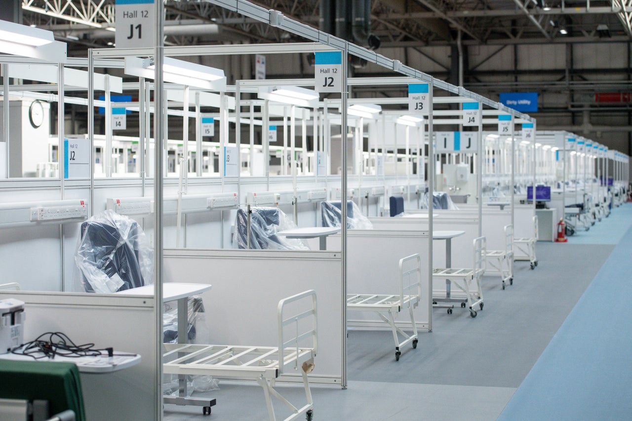 Hospital cubicles at the Nightingale hospital Birmingham, setup inside the National Exhibition Centre (NEC)