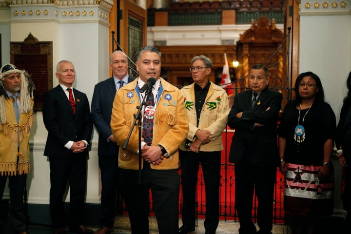 Regional Chief Terry Teegee speaks to the press in Victoria, on Oct. 24, 2019. 