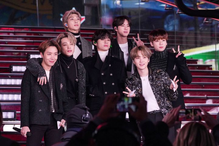 BTS performing in concert during Dick Clark's New Year's Rockin' Eve in Times Square, New York City. 