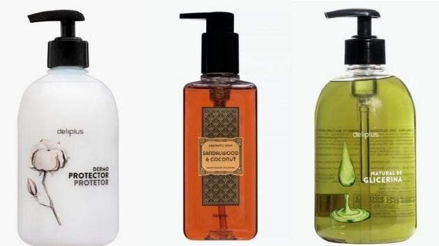 Jabón de manos demoprotector, jabón de manos sandalwood & coconout y jabón de manos de de glicerina de la marca Deliplus.