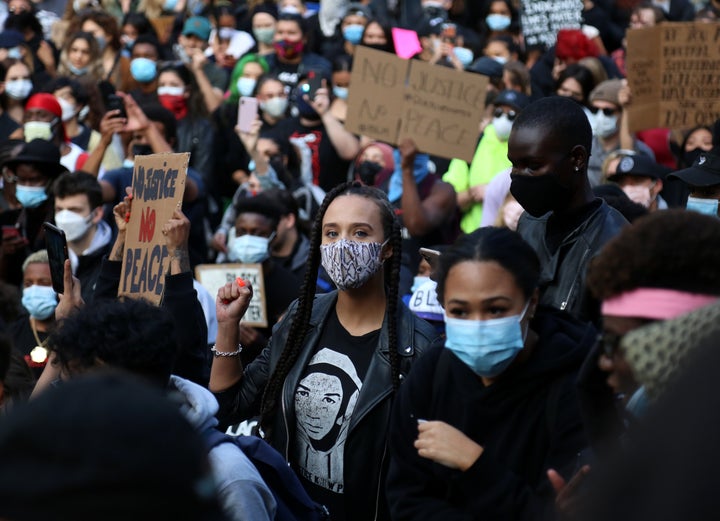 A protest against racism and police brutality on May 31, 2020 in Vancouver.