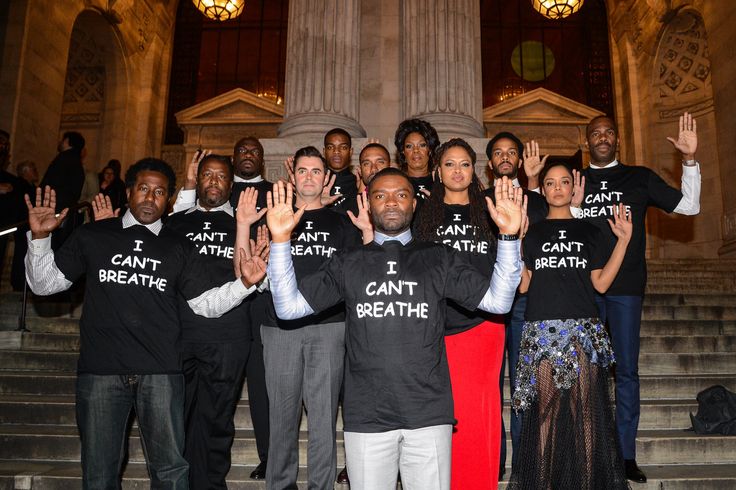 "Selma" actors E. Roger Mitchell, Wendell Pierce, Omar Dorsey, John Lavelle, Stephan James, Kent Faulcon, David Oyelowo, Lorraine Toussaint, director Ava DuVernay, Tessa Thompson, Andre Holland and Colman Domingo wear "I Can't Breathe" T-shirts at the New York Public Library on Dec. 14, 2014, to protest the death of Eric Garner.